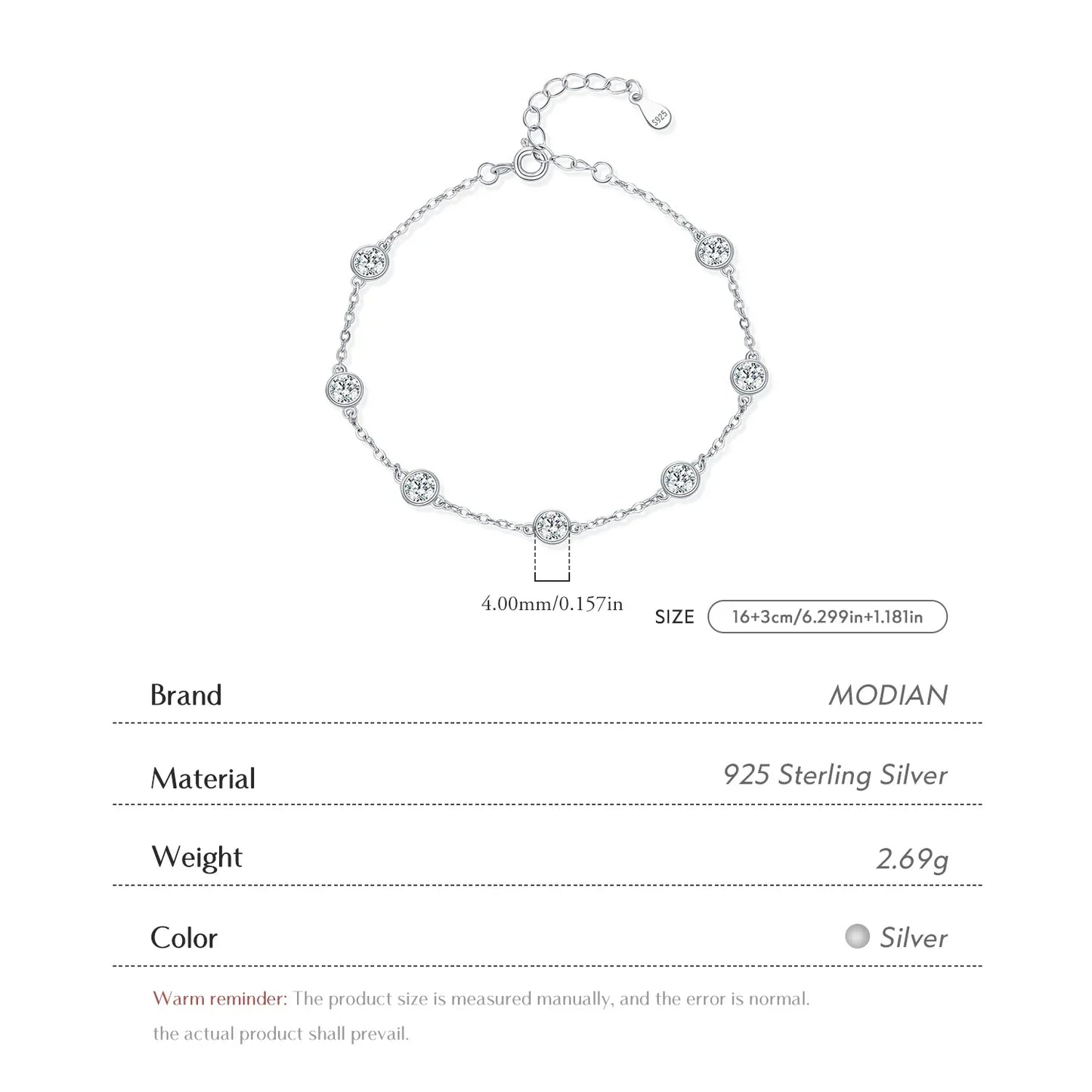 925 Sterling Silver Bezel Round Sparkling Clear Cubic Zirconia Stackable Charm Fashion Bracelet For Women Fine Jewelry