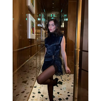 Satin dresses women's clothing fashion back zip hem lace patchwork slit sexy nightclub mini dress chic French Evening