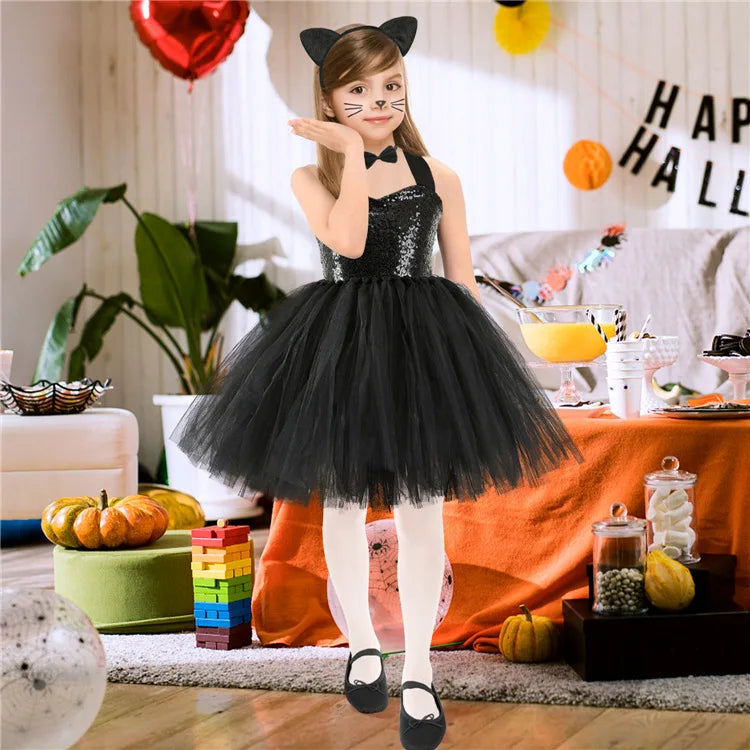 New Tutu Skirt Set Children's Clothing Animal Cos Elk Halloween Clothing Little Cat Mesh Girls' Dress School Performance Dress