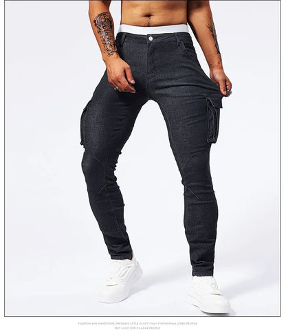 Slim Fit Large Pocket Jeans Cargo Pants for Men Fashionable Casual Hip Hop Stretch Denim Long Pants Male Streetwear Track Pants