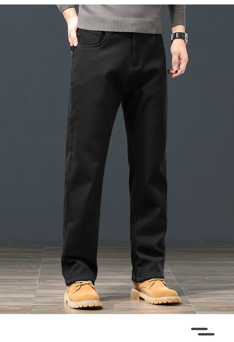 Winter Men's Fleece Warm Jeans Classic Black Plush Loose Straight Business Casual Pants Thermal Male Clothing 40 42 44