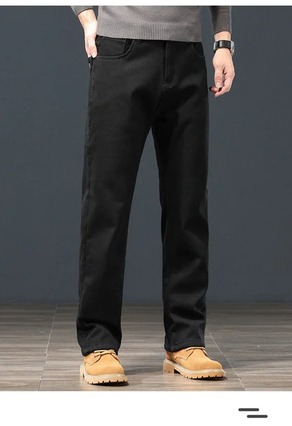 Winter Men's Fleece Warm Jeans Classic Black Plush Loose Straight Business Casual Pants Thermal Male Clothing 40 42 44