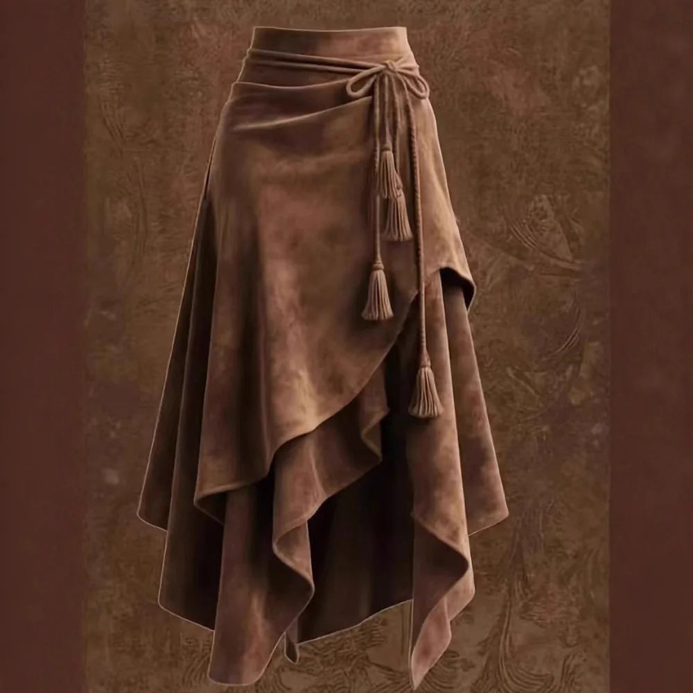 2026 تنورة خريفية Melard Coffee من جلد الغزال للنساء غير منتظمة برباط وتصميم تنحيف على شكل حرف A متوسطة الطول على شكل مظلة