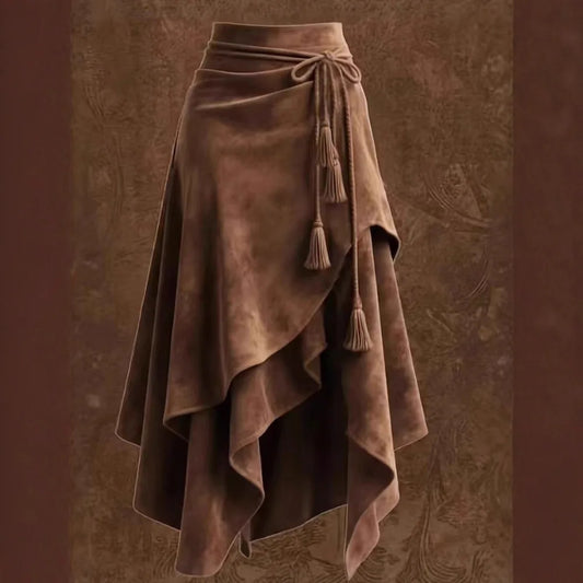 2026 تنورة خريفية Melard Coffee من جلد الغزال للنساء غير منتظمة برباط وتصميم تنحيف على شكل حرف A متوسطة الطول على شكل مظلة