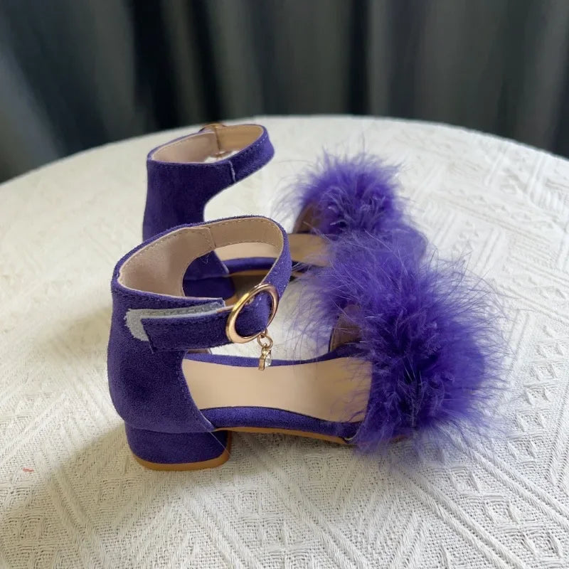 Toddler Girls Sandals Summer Low-heels Children's Sandals Open-toe Princess Fluffy New Versatile Kids Fashion Ankle-strap Shoes