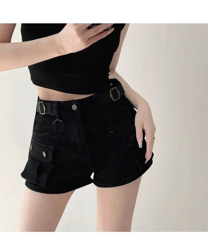 Women Military Green Denim Cargo Shorts Summer High Waisted Loose Wide Leg Y2K Hot Girl Casual Short Pants with Pockets