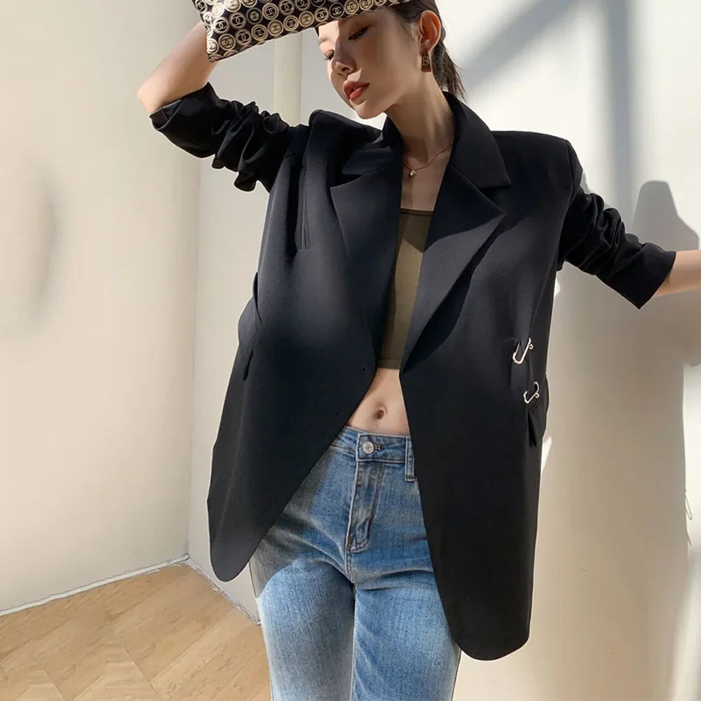 Women Black Oversize Casual Jacket New Lapel Long Sleeve Loose Blazer Fashion Pin Office Ladies Suits Coat Spring Autumn 2023
