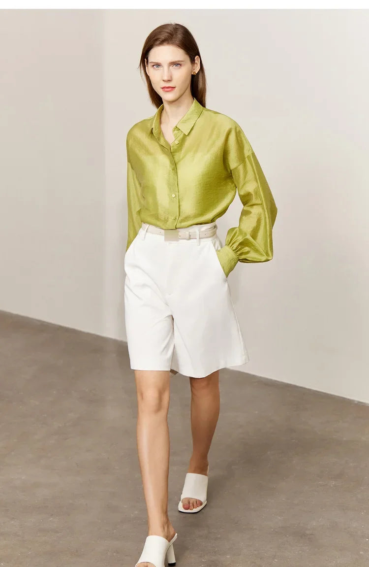 Minimalist Blouse for Women 2023 Autumn Lantern Sleeve V-Neck Slightly Transparent Elegant Commuter Clothing Tops 72341030