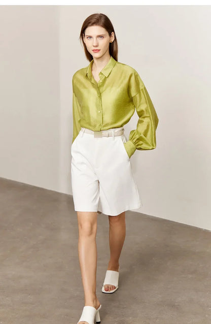 Minimalist Blouse for Women 2023 Autumn Lantern Sleeve V-Neck Slightly Transparent Elegant Commuter Clothing Tops 72341030