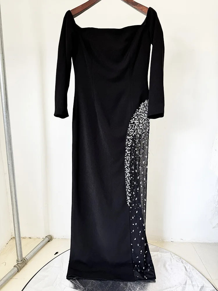 HIGH STREET Newest 2026 Designer Vestido Women's Diamonds Beaded Slash Neck Off The Shoulders Patchwork Gauze Long Maxi Dress