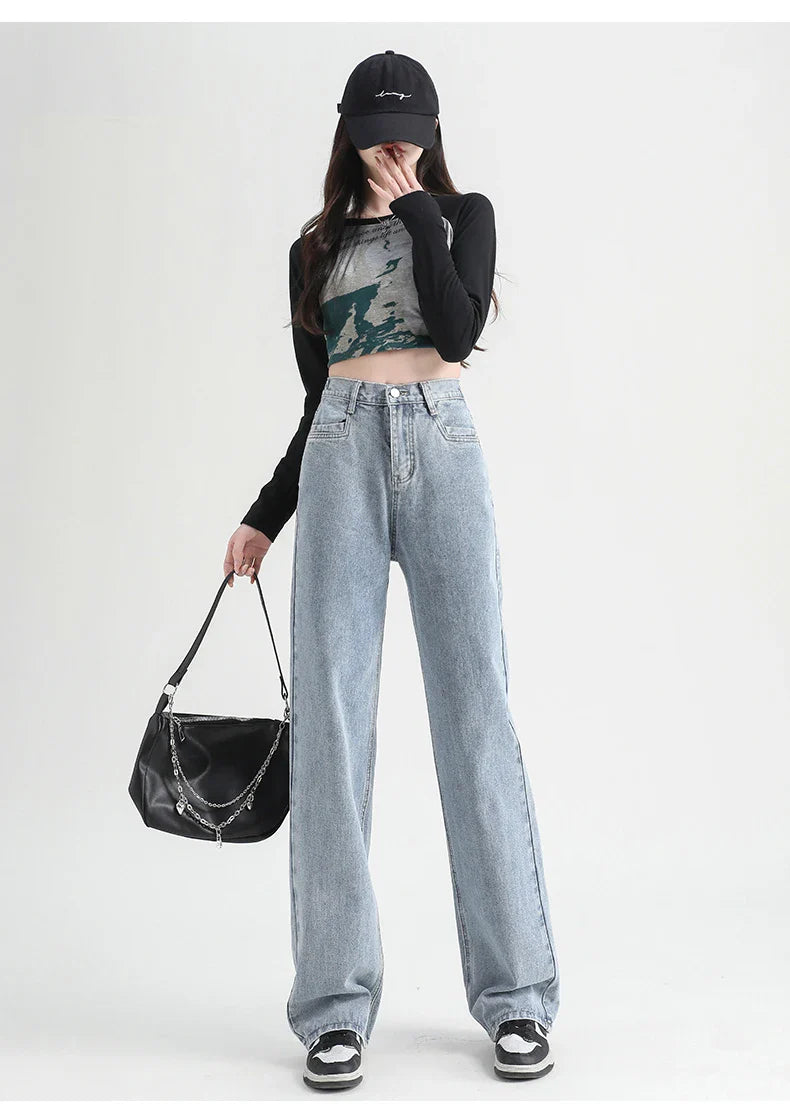 Woman Jeans Elastic High Waist Wide Leg Cotton Denim Clothing Blue White Streetwear Vintage Fashion Harajuku Straight Pants