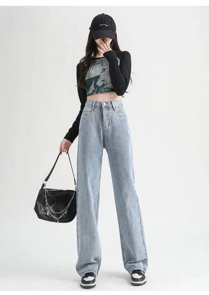 Woman Jeans Elastic High Waist Wide Leg Cotton Denim Clothing Blue White Streetwear Vintage Fashion Harajuku Straight Pants