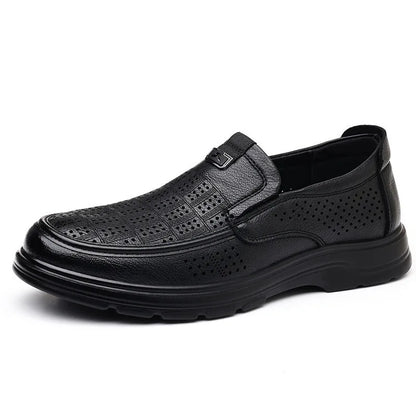Men's Summer Breathable Leather Loafers Brown Hollow Out Slip-On Shoes Male Thick Sole Comfortable Non-slip Work Shoes for Man