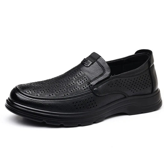 Men's Summer Breathable Leather Loafers Brown Hollow Out Slip-On Shoes Male Thick Sole Comfortable Non-slip Work Shoes for Man