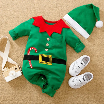 Prowow 0-18M Baby Christmas Costume Cartoon Deer Jumpsuit With Santa Hat Christmas Baby Romper For Newborn New Year Costume