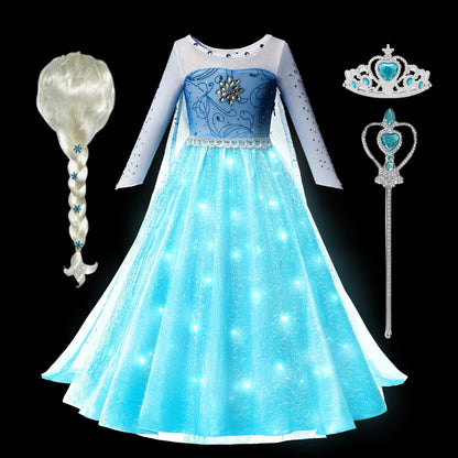 Elsa Snow Queen Princess Girls LED Light Up Dress Halloween Carnival Clothing Party Kids Cosplay Children Costume