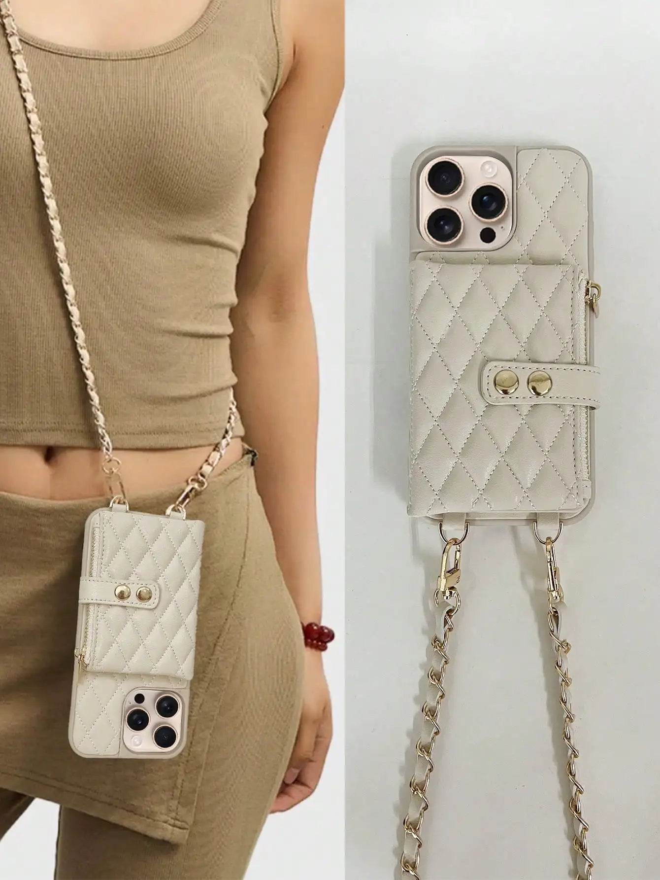 Lingge Double Button Fragrant Wind Phone Case, Change Card Bag, Quilted Leather Cover, Suitable for Apple 17/16/15/14/13/12/11