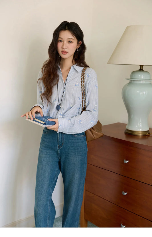 Long Sleeve Shirts for Woman 2025 Autumn Retro Blue Single-breasted Blouse Floral Embroidery Casual Tops MXE45X2495