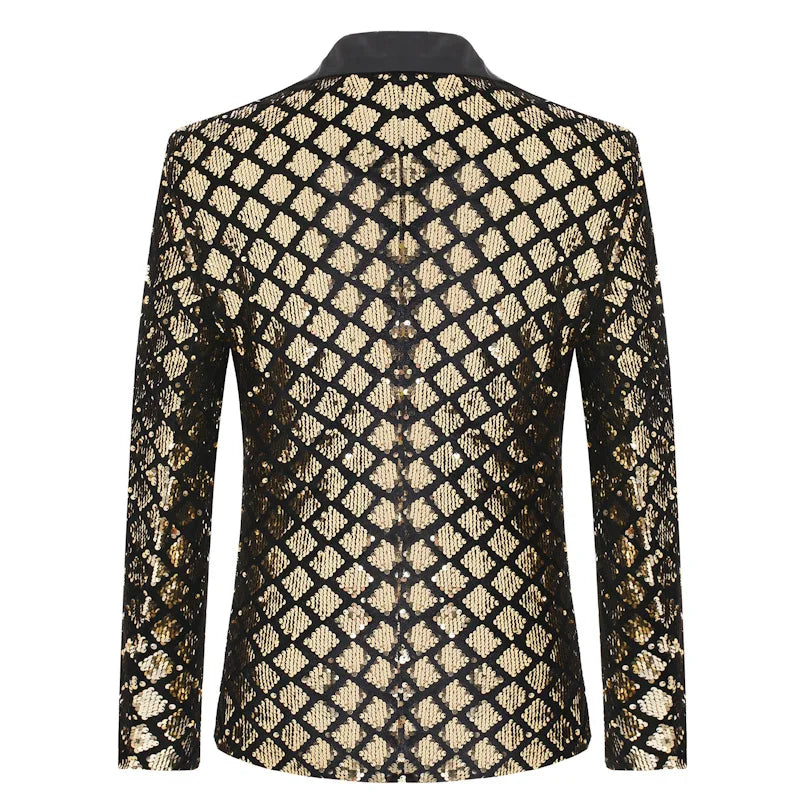 2026 Gold Men's Black Collar Suit Jacket, Glitter Sequin Decoration Wedding Party Dress Coat Black Silver Fashion Blazers.