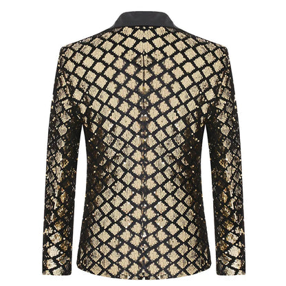 2026 Gold Men's Black Collar Suit Jacket, Glitter Sequin Decoration Wedding Party Dress Coat Black Silver Fashion Blazers.
