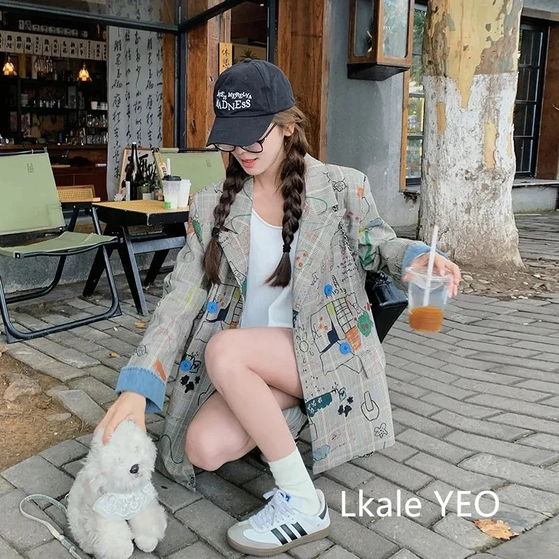 Women's Blazer Jacket 2025 Spring Autumn Fashion Graffiti Printed Ladies Lattice Suit Coat Casual Korean Version Lady Outerwear