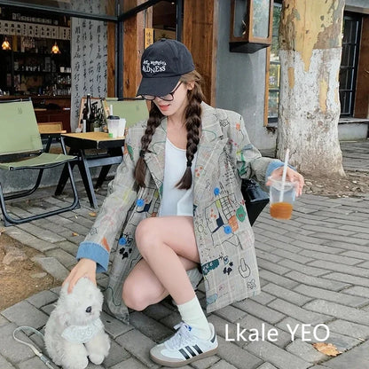 Women's Blazer Jacket 2025 Spring Autumn Fashion Graffiti Printed Ladies Lattice Suit Coat Casual Korean Version Lady Outerwear