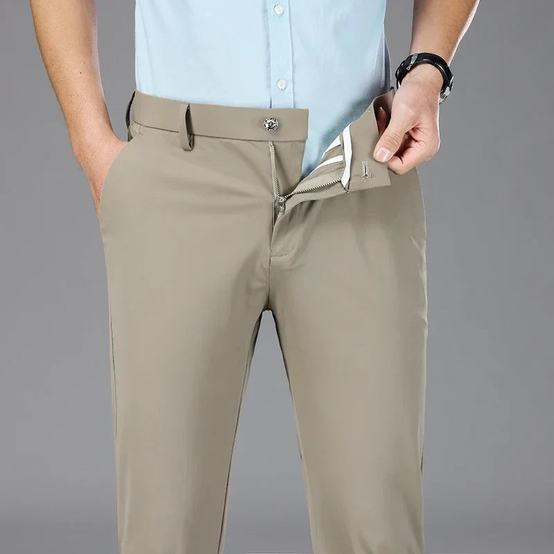 New Summer Men's Ice Silk High Stretch Business Suit Pants Male Army Green Blue Elastic Formal Office Straight Formal Trousers