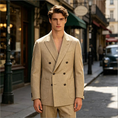 Men's Linen Double Breasted Blazer Peak Lapel Casual Business Suit Jacket With Patch Pockets For Daily Office Wear