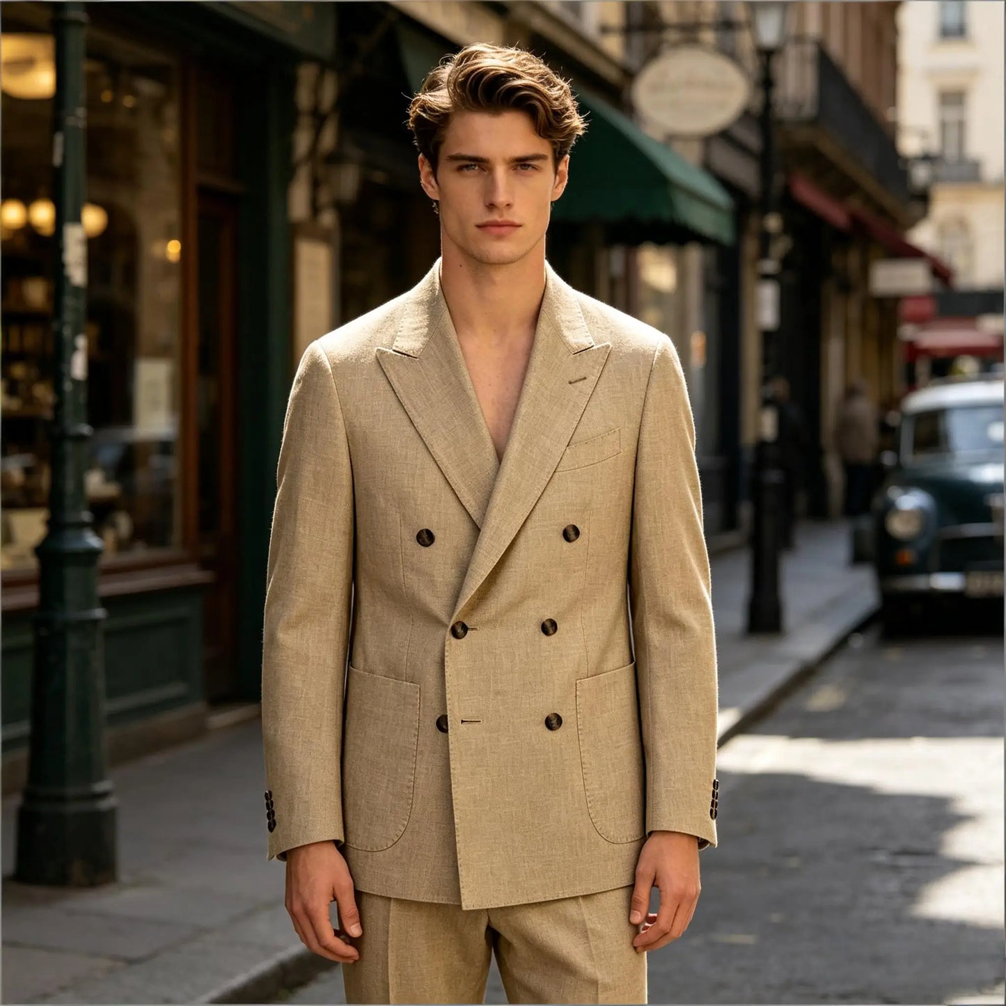 Men's Linen Double Breasted Blazer Peak Lapel Casual Business Suit Jacket With Patch Pockets For Daily Office Wear
