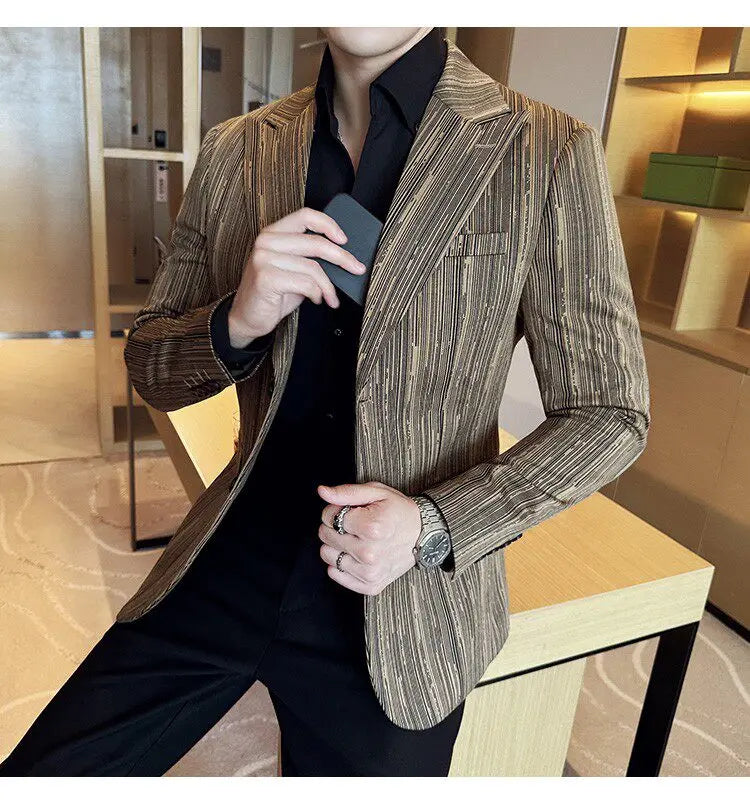 Fashion Meteor Line Checkered Elegant Suit Jacket Men Fashion De Luxe Business Slim Fit Single Breasted Social Party Dress Coats