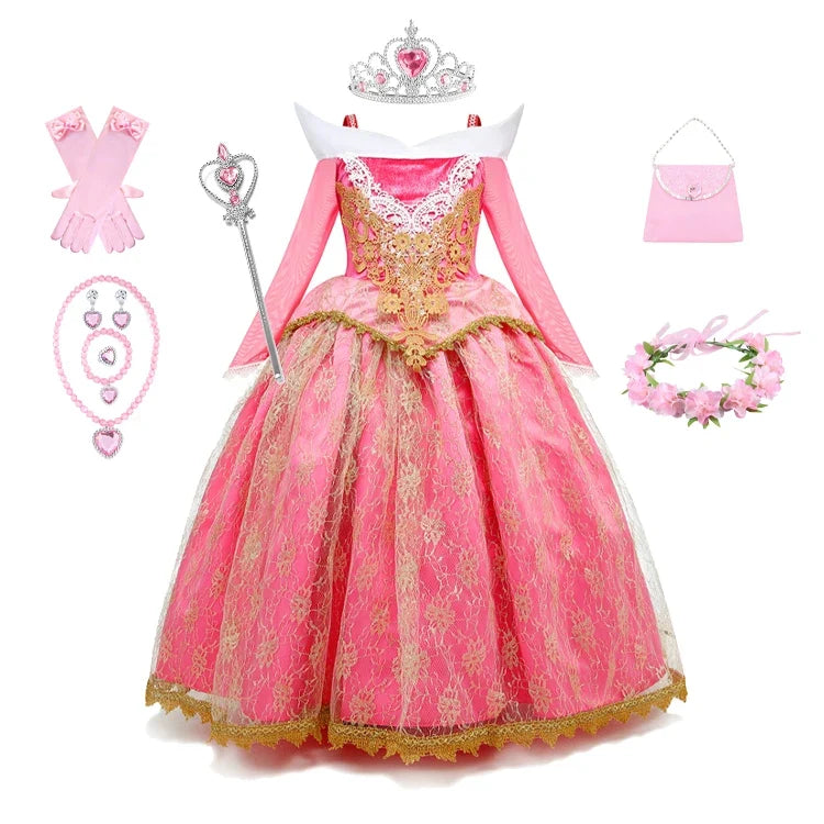 Girls Sleeping Beauty Aurora Princess Halloween Cosplay Dress Off Shoulder Kids Gift Carnival Party Fancy Princess Clothing