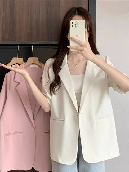 Loose Casual Thin Short Sleeve Women's Suit Jacket Summer New Style Korean Version Fashionable All-Match Lightweight Polyeste...