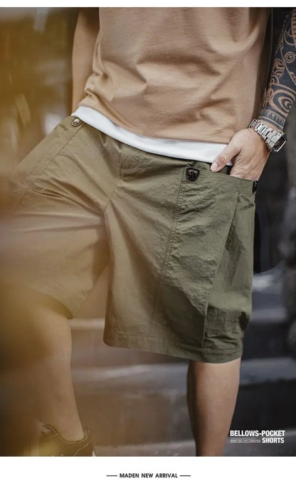 Casual Green Pocket Shorts Men's Summer Lightweight Woven Straight Leg Shorts Elastic Waist Retro Street Versatile Bottoms