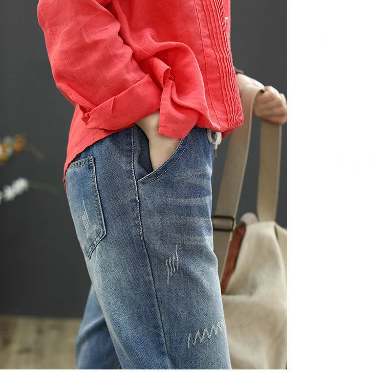 Fashion Summer Ladies Ripped Loose Jeans Womens Leisure Embroidery Denim Trousers Vintage Females Elastic Harem Pants