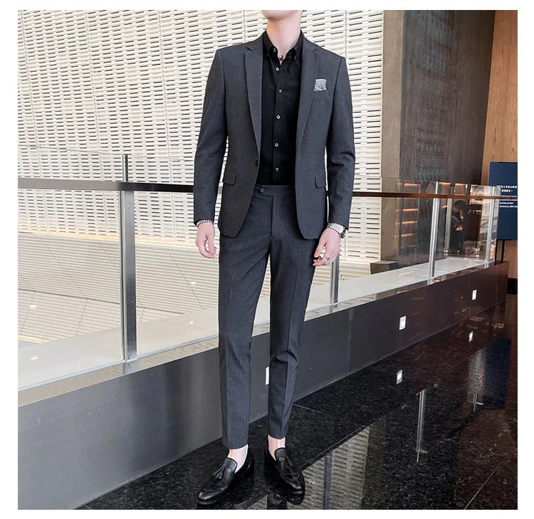Men's Stylish Handsome Solid Color Suit Two-Piece Set M-4XL High Quality Formal Casual Banquet Fit Trousers Included