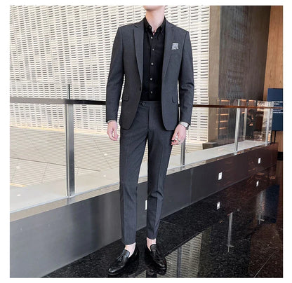 Men's Stylish Handsome Solid Color Suit Two-Piece Set M-4XL High Quality Formal Casual Banquet Fit Trousers Included