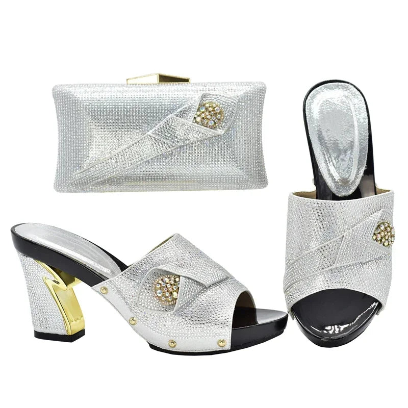 Italian Matching Shoes and Bag Set Decorated with Rhinestone African Shoes and Bag Set for Wedding High Quality Shoes Bag