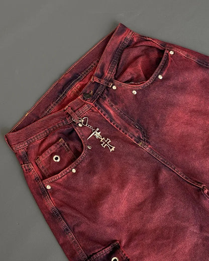 Summer American New Fashion Red Tooling Pocket Loose Denim Shorts Ladies Y2K Gothic Hip Hop Popular Casual Joker Wide-leg Shorts