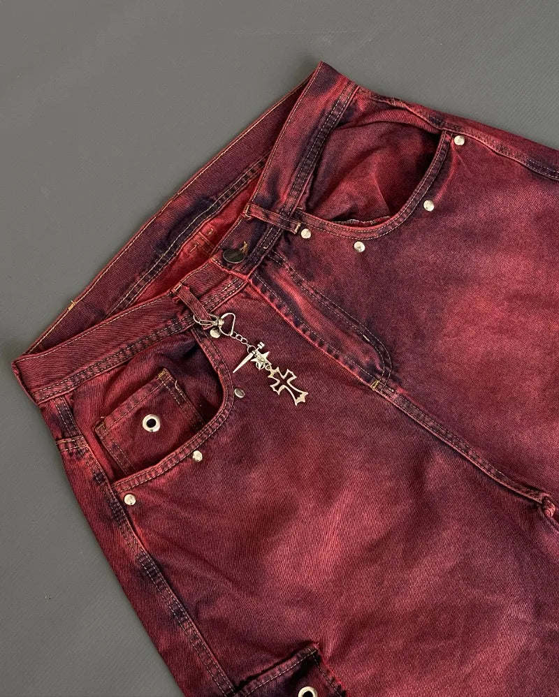 Summer American New Fashion Red Tooling Pocket Loose Denim Shorts Ladies Y2K Gothic Hip Hop Popular Casual Joker Wide-leg Shorts