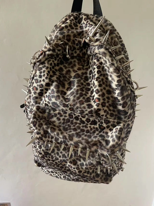 punk rivet leopard print backpack men's bag large capacity fashion Backpacks for women