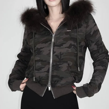 Goth Grey Faux Fur Collar Hooded Zip Up Hoodies Gothic Grunge Pockets Autumn Black Jackets Female Y2k Streetwear egirl Cardigans