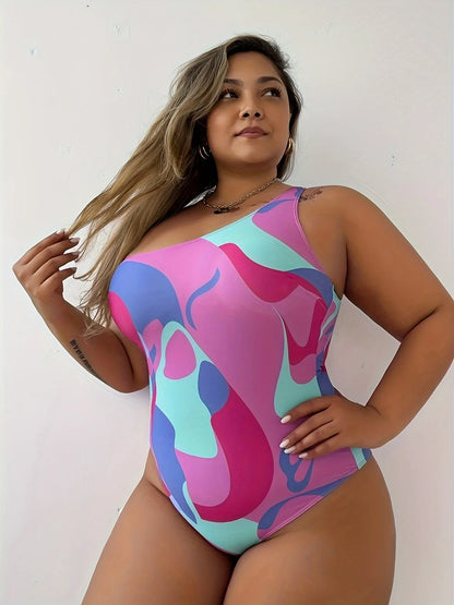 2026 Sexy Print 2 Piece Plus Size Swimwear Women One-shoulder Large One Piece Swimsuit Brazilian Chubby Bathing Suit