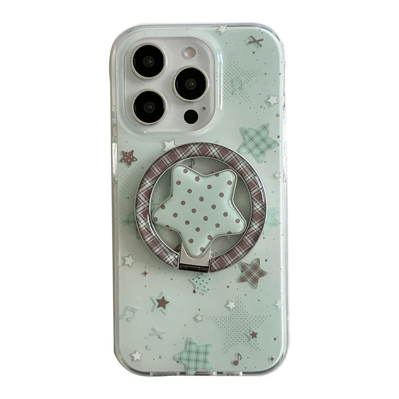 Fashion Mint Green Polka Dot Star Magnetic Stand Phone Case For iPhone 17 16 Pro 15 14 Pro Max Cover For Magsafe Cases Cute Capa