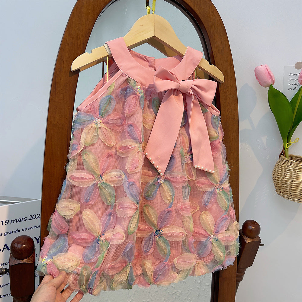 Bear Leader Girl Dress 2025 Summer New Girl Dress Princess Dress Little Girl Fashion Colorful Flower Yarn Dresses Kid Clothes