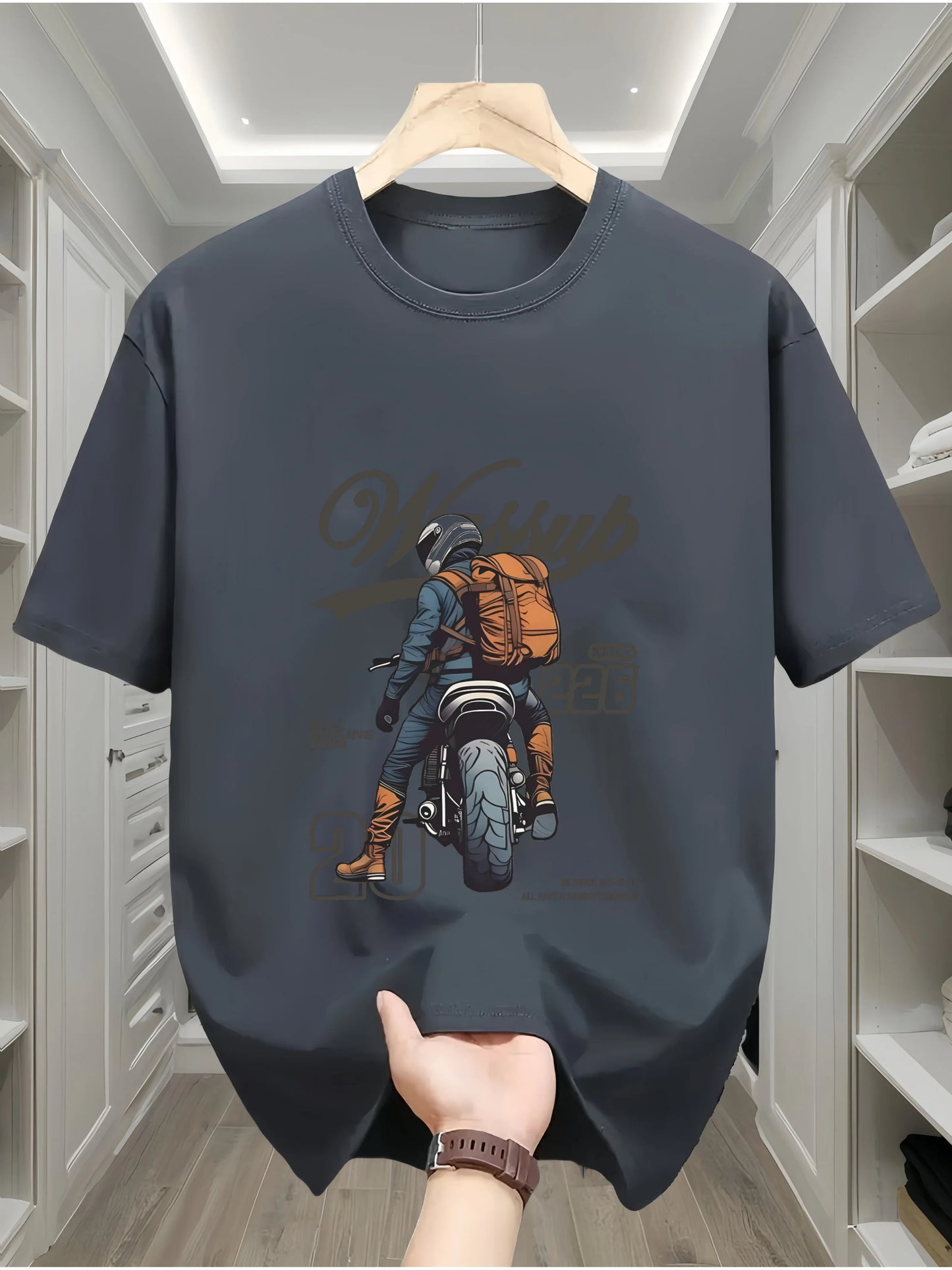 Summer men's 100% pure cotton casual loose oversized classic motorcycle creative printed round neck short sleeved T-shirt top