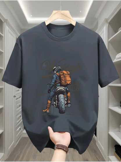 Summer men's 100% pure cotton casual loose oversized classic motorcycle creative printed round neck short sleeved T-shirt top