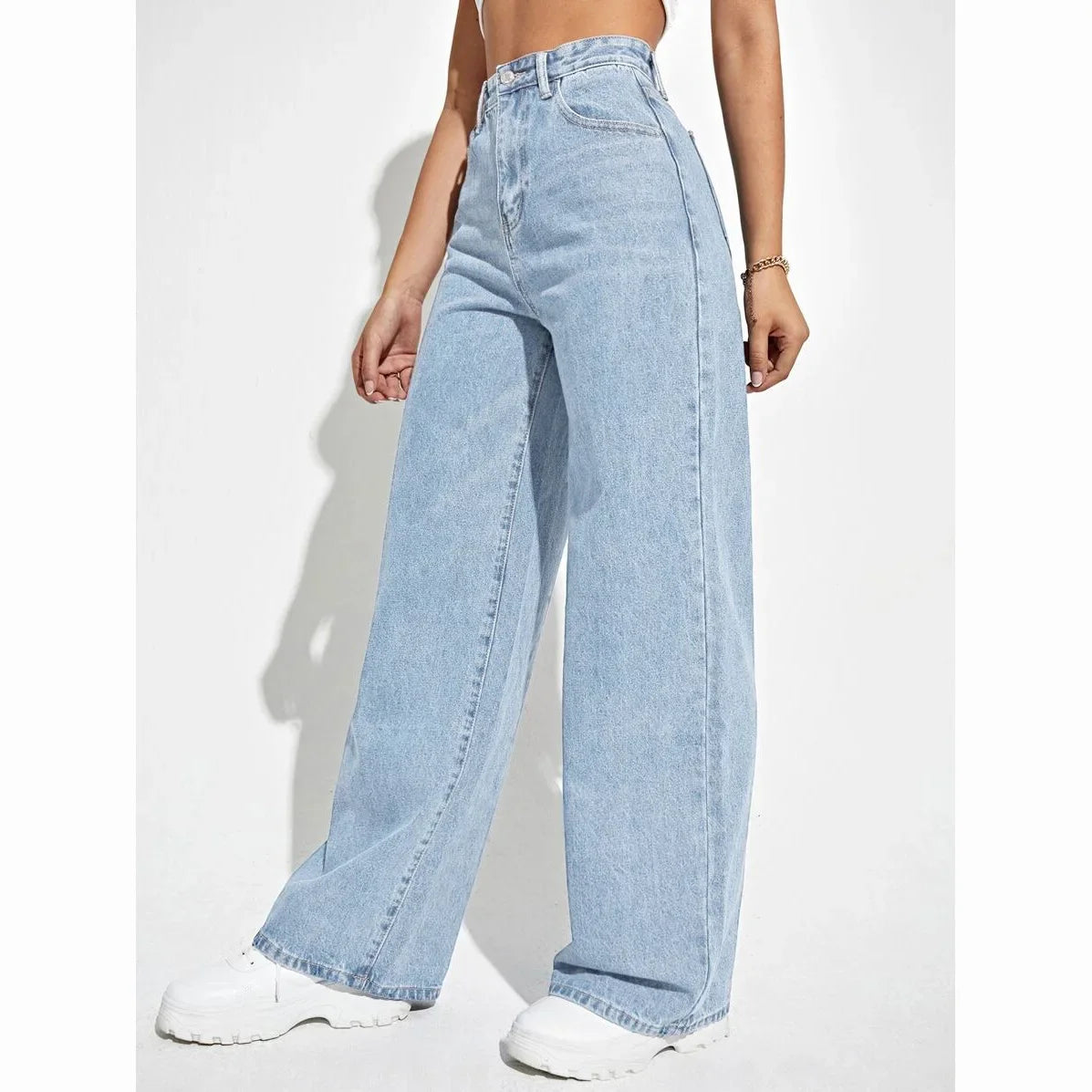 Fashion retro blue jeans women y2k High street baggy straight pants High waisted all-in-one slim pants