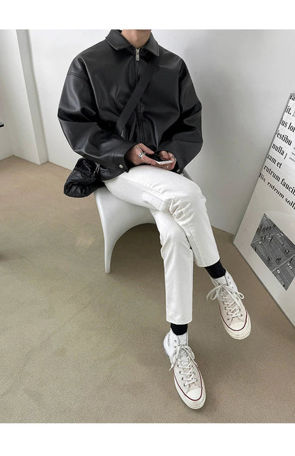 Spring Autumn Cool Luxury Short Black Soft Light Pu Leather Jacket Men Zipper Casual Mens Jackets and Coats Fashion