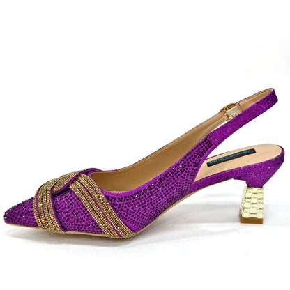 Nigerian Heel Party for Women Shoes and Bag Set Champagne Colour Rhinestone Handbag Italian Design Wedding INS 2024