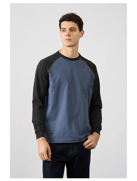 2026 Spring New 240g/sm Sorona Fabric Long Raglan Sleeve T-shirts Men Contrast Colors Tops